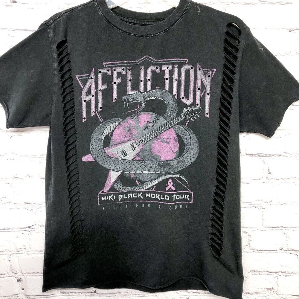 Affliction Grunge Black Cut Out Snake Goth Guitar Thrashed Graphic T Shirt Sz S
